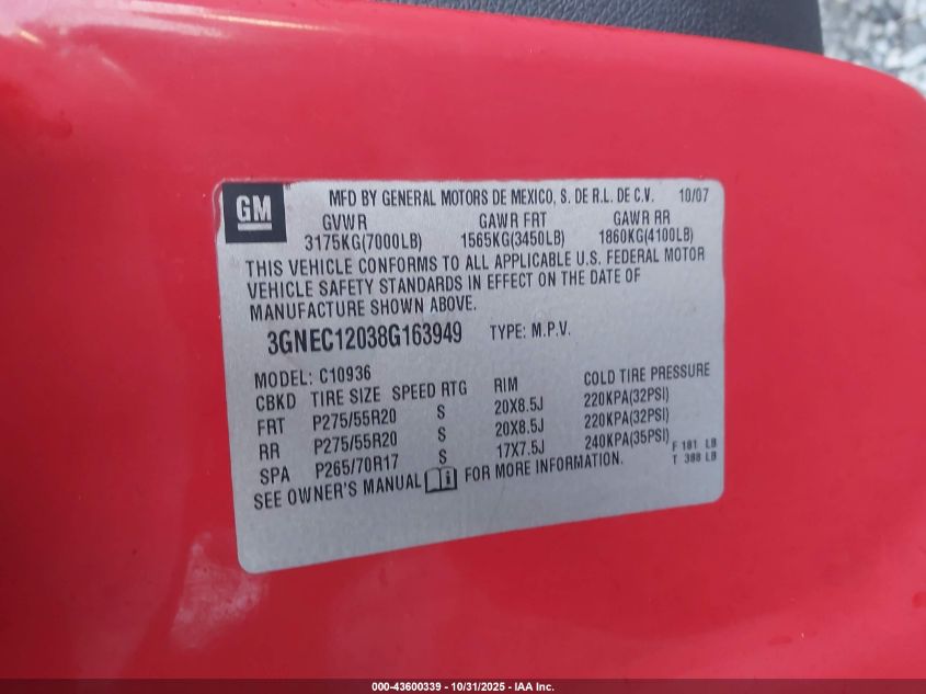 2008 Chevrolet Avalanche 1500 Ltz VIN: 3GNEC12038G163949 Lot: 43600339
