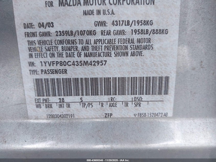 2003 Mazda Mazda6 I VIN: 1YVFP80C435M42957 Lot: 43600346