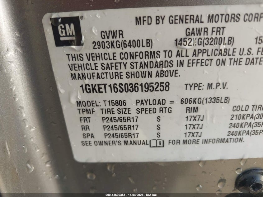 2003 GMC Envoy Xl Sle VIN: 1GKET16S036195258 Lot: 43600351