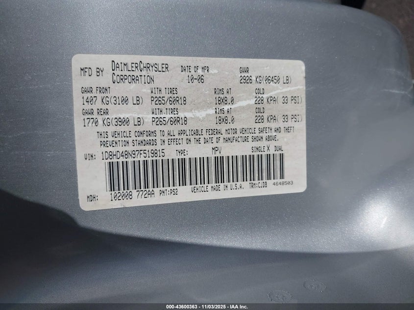 2007 Dodge Durango Slt VIN: 1D8HD48N97F519815 Lot: 43600363