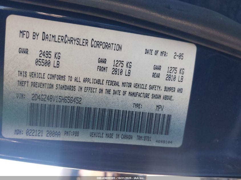 2005 Dodge Magnum Sxt VIN: 2D4GZ48V15H656452 Lot: 43600369