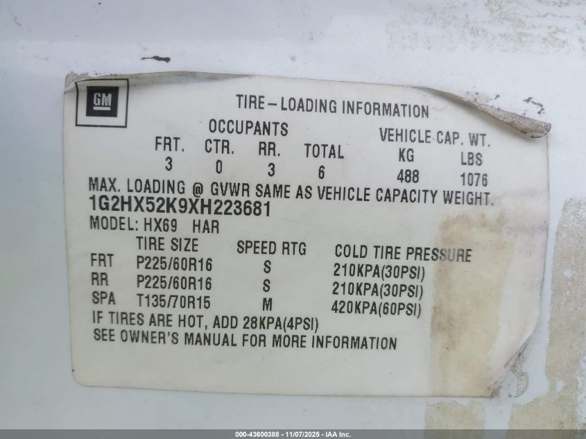 1999 Pontiac Bonneville Se VIN: 1G2HX52K9XH223681 Lot: 43600388