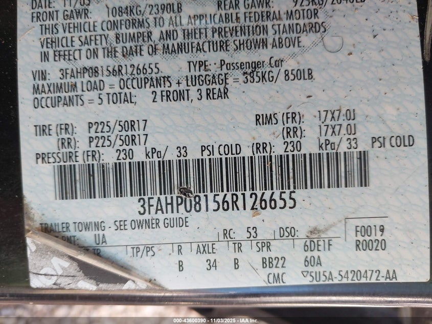 2006 Ford Fusion Sel VIN: 3FAHP08156R126655 Lot: 43600390