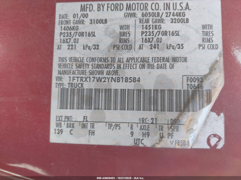 2000 Ford F-150 Lariat/Work Series/Xl/Xlt VIN: 1FTRX17W2YNB18584 Lot: 43600403