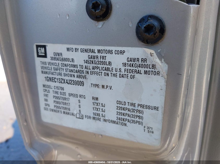 2004 Chevrolet Tahoe Lt VIN: 1GNEC13ZX4J239009 Lot: 43600404