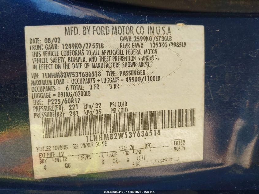 2003 Lincoln Town Car Signature VIN: 1LNHM82W53Y636518 Lot: 43600410