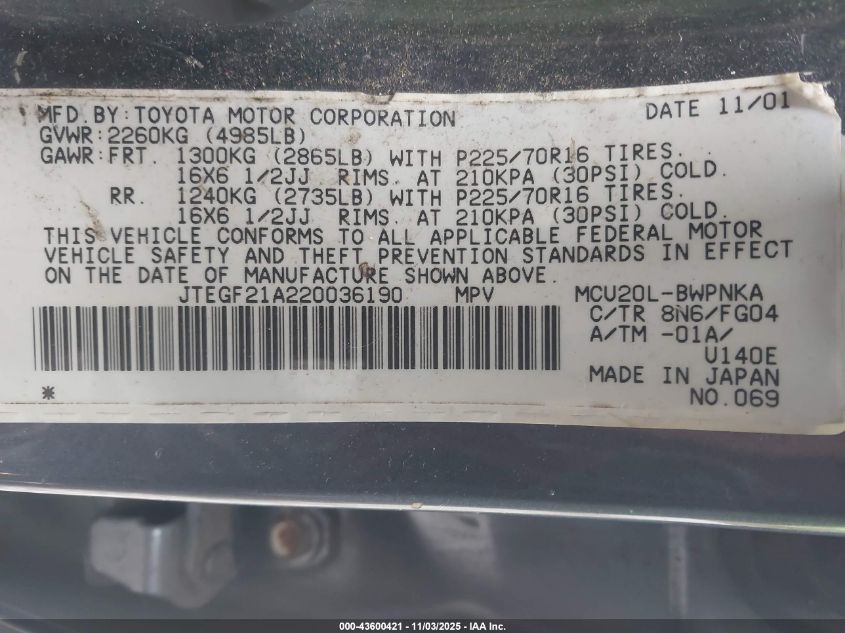 2002 Toyota Highlander V6 VIN: JTEGF21A220036190 Lot: 43600421