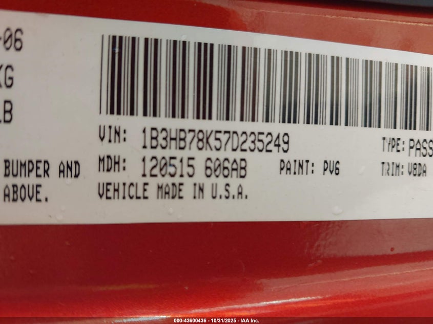 2007 Dodge Caliber R/T VIN: 1B3HB78K57D235249 Lot: 43600436