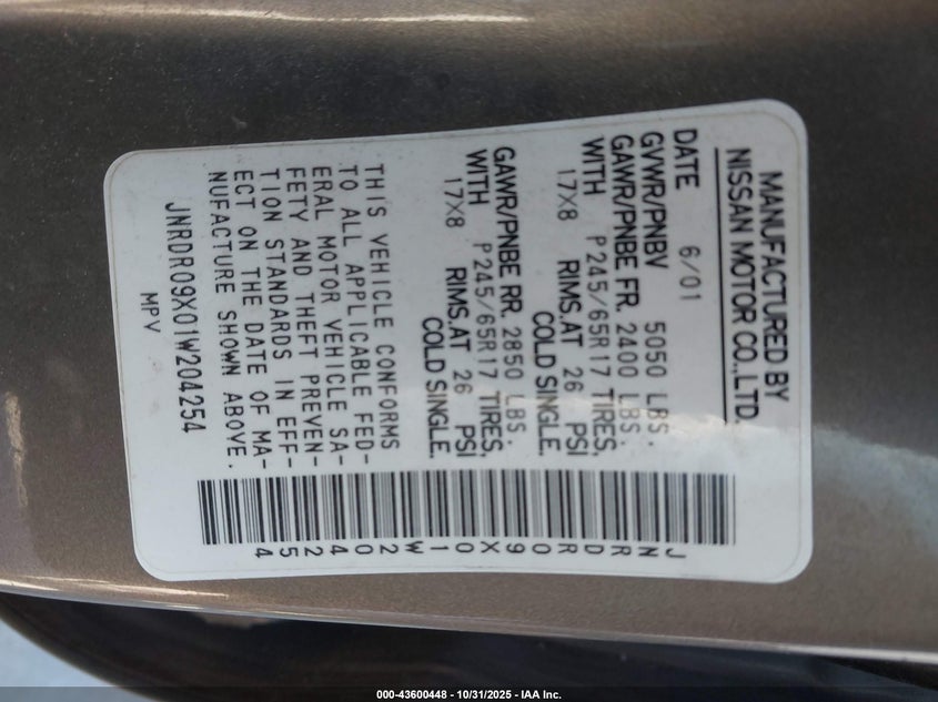 2001 Infiniti Qx4 Luxury VIN: JNRDR09X01W204254 Lot: 43600448