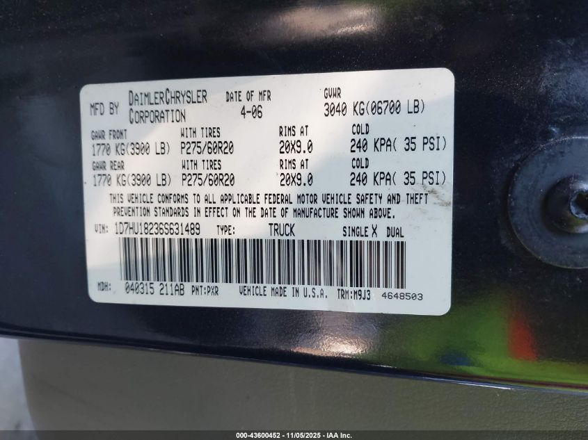 2006 Dodge Ram 1500 Slt/Trx4 Off Road/Sport VIN: 1D7HU18236S631489 Lot: 43600452