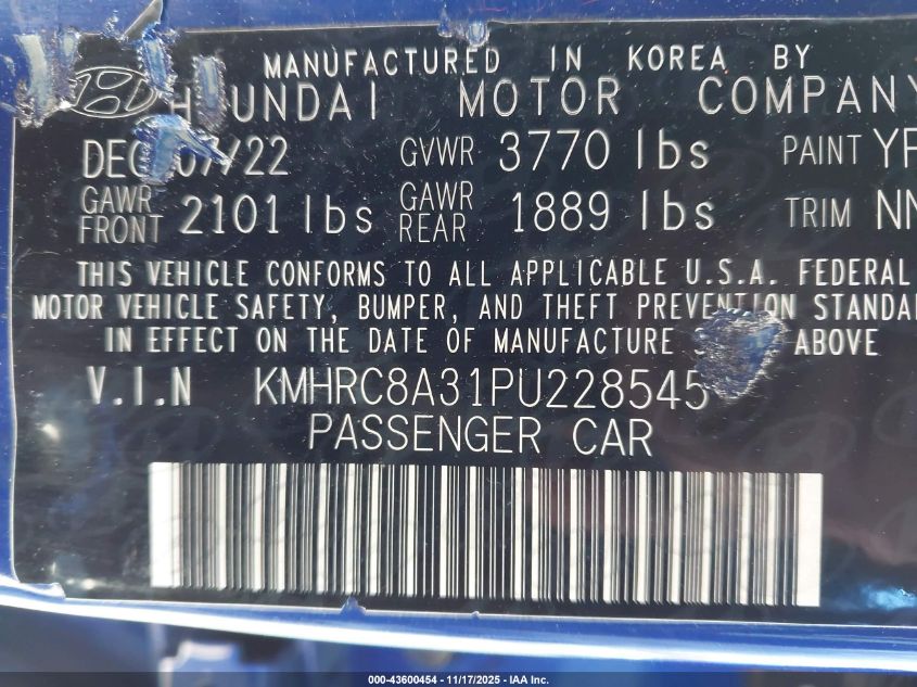 2023 Hyundai Venue Sel VIN: KMHRC8A31PU228545 Lot: 43600454