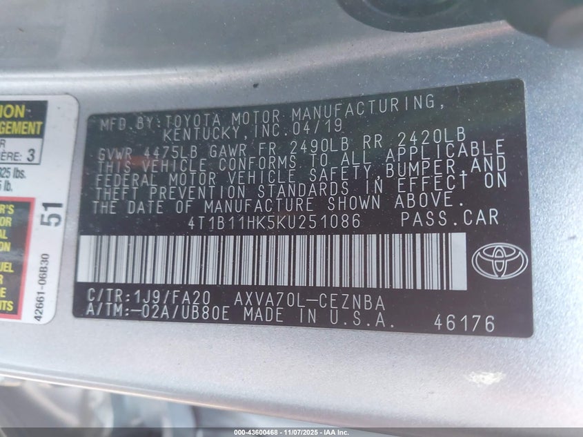 2019 TOYOTA CAMRY LE 4T1B11HK5KU251086
