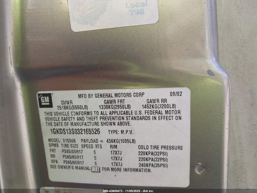 2003 GMC Envoy Sle VIN: 1GKDS13S032165526 Lot: 43600472