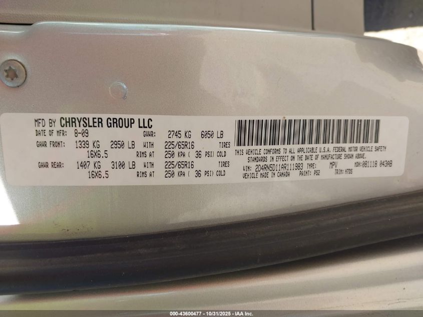 2010 Dodge Grand Caravan Sxt VIN: 2D4RN5D11AR111983 Lot: 43600477