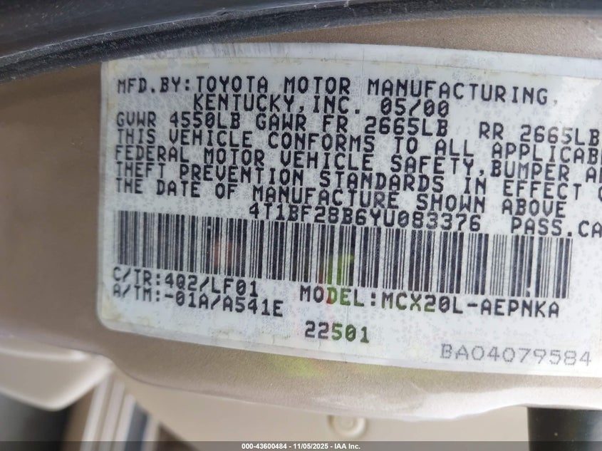 2000 Toyota Avalon Xl VIN: 4T1BF28B6YU083376 Lot: 43600484