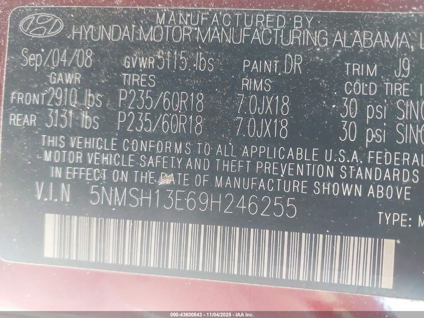2009 Hyundai Santa Fe Se VIN: 5NMSH13E69H246255 Lot: 43600543