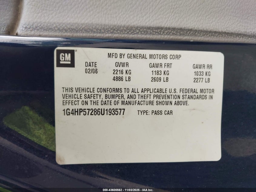 2006 Buick Lucerne Cx VIN: 1G4HP57286U193577 Lot: 43600562