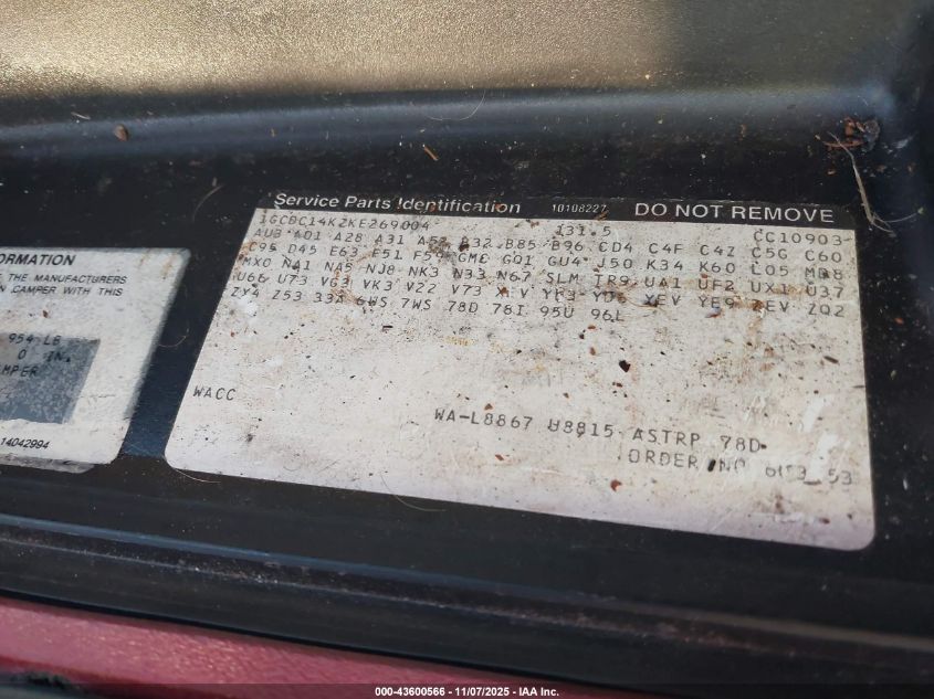 1989 Chevrolet Gmt-400 C1500 VIN: 1GCDC14K2KE269004 Lot: 43600566