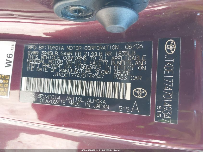 2007 Scion Tc VIN: JTKDE177470149347 Lot: 43600601