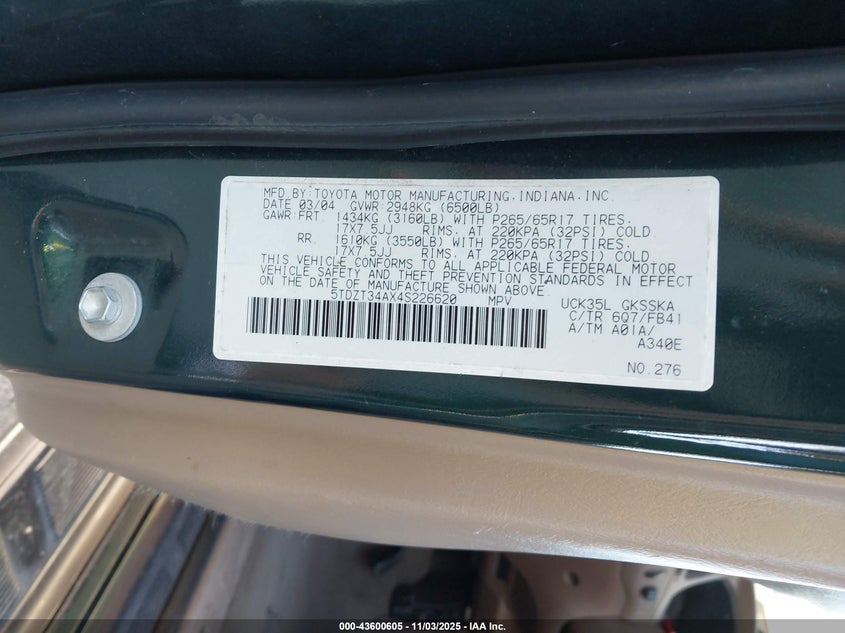 2004 Toyota Sequoia Sr5 V8 VIN: 5TDZT34AX4S226620 Lot: 43600605