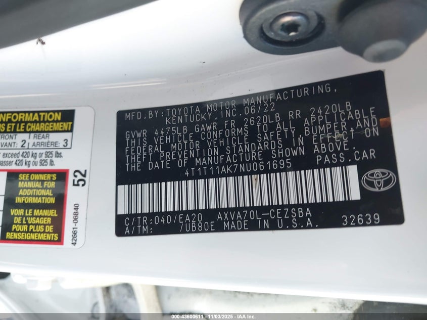 2022 TOYOTA CAMRY SE - 4T1T11AK7NU061695