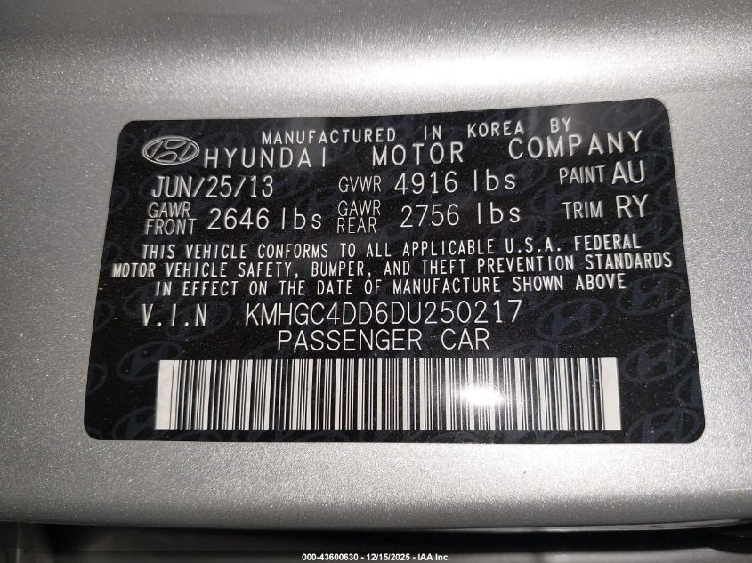2013 Hyundai Genesis 3.8 VIN: KMHGC4DD6DU250217 Lot: 43600630