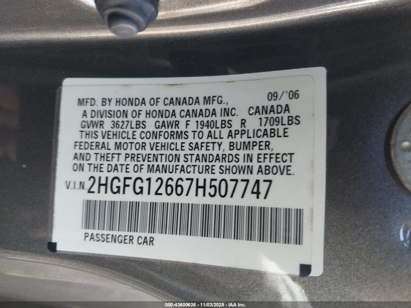 2007 Honda Civic Lx VIN: 2HGFG12667H507747 Lot: 43600636