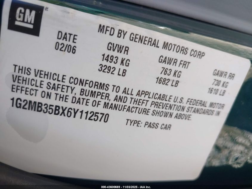 2006 Pontiac Solstice VIN: 1G2MB35BX6Y112570 Lot: 43600669