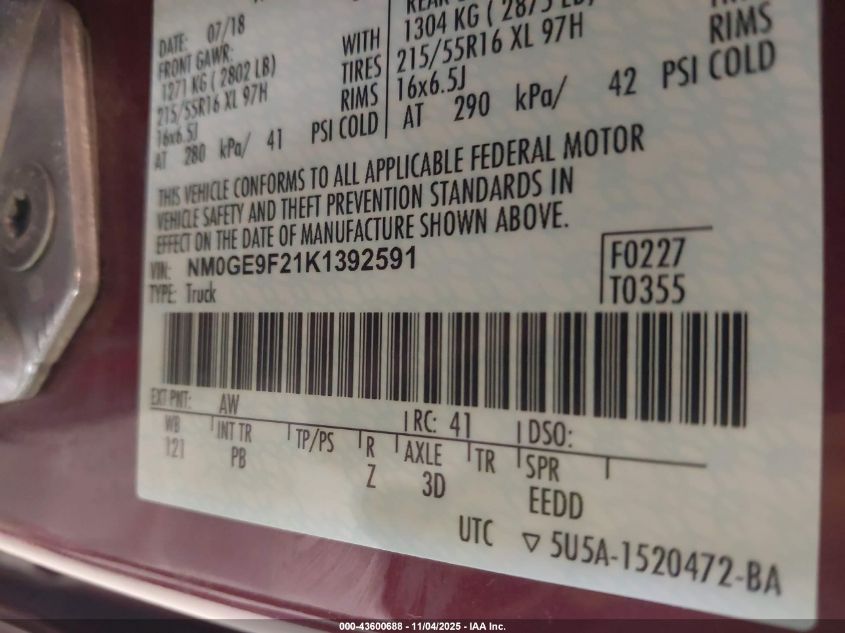 2019 Ford Transit Connect Xlt VIN: NM0GE9F21K1392591 Lot: 43600688