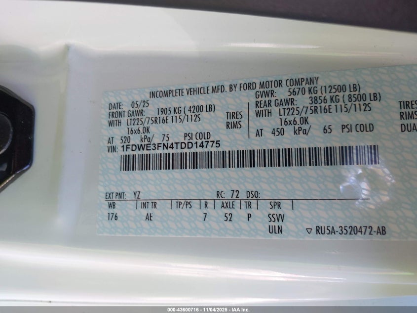 2026 Ford E-350 Cutaway VIN: 1FDWE3FN4TDD14775 Lot: 43600716