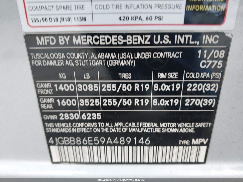 2009 Mercedes-Benz Ml 350 4Matic VIN: 4JGBB86E59A489146 Lot: 43600731