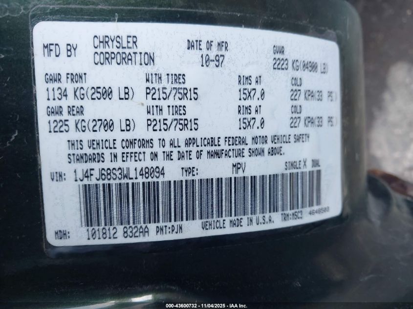 1998 Jeep Cherokee Classic/Limited/Sport VIN: 1J4FJ68S3WL148094 Lot: 43600732