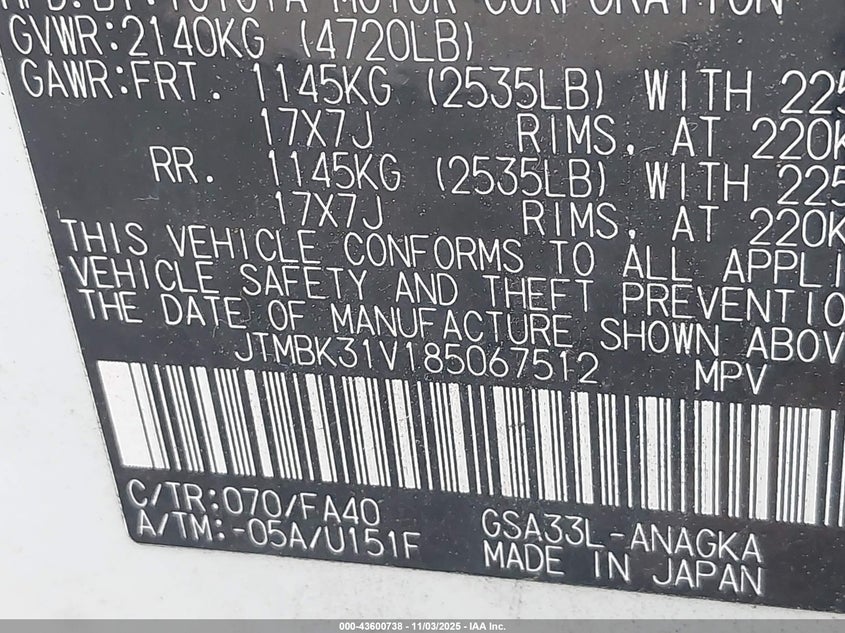 2008 Toyota Rav4 Limited V6 VIN: JTMBK31V185067512 Lot: 43600738