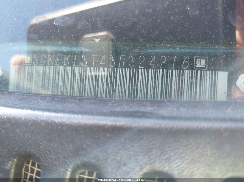 2003 Chevrolet Avalanche 1500 VIN: 3GNEK13T43G324216 Lot: 43600744