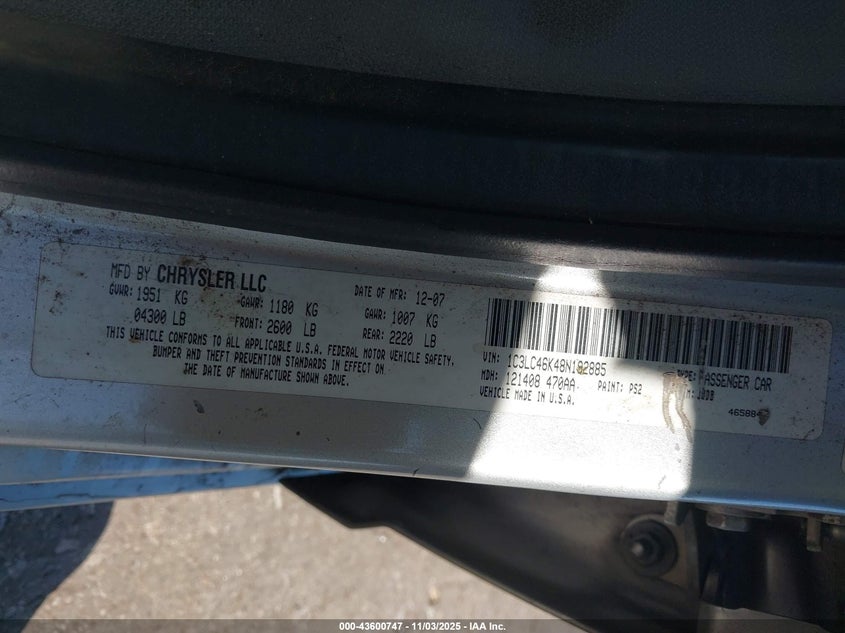 2008 Chrysler Sebring Lx VIN: 1C3LC46K48N192885 Lot: 43600747