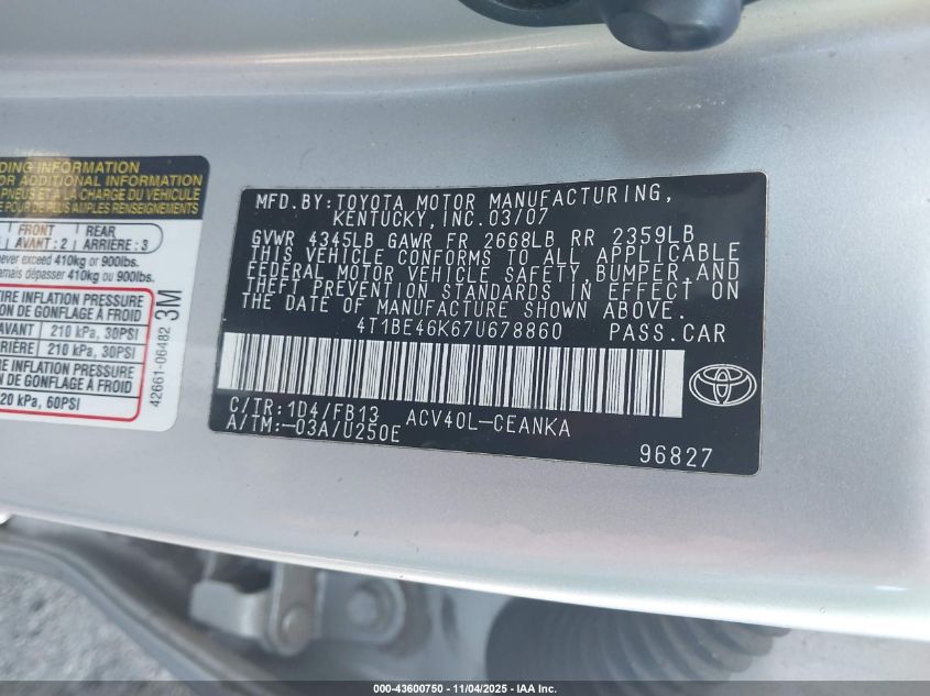 2007 Toyota Camry Le VIN: 4T1BE46K67U678860 Lot: 43600750