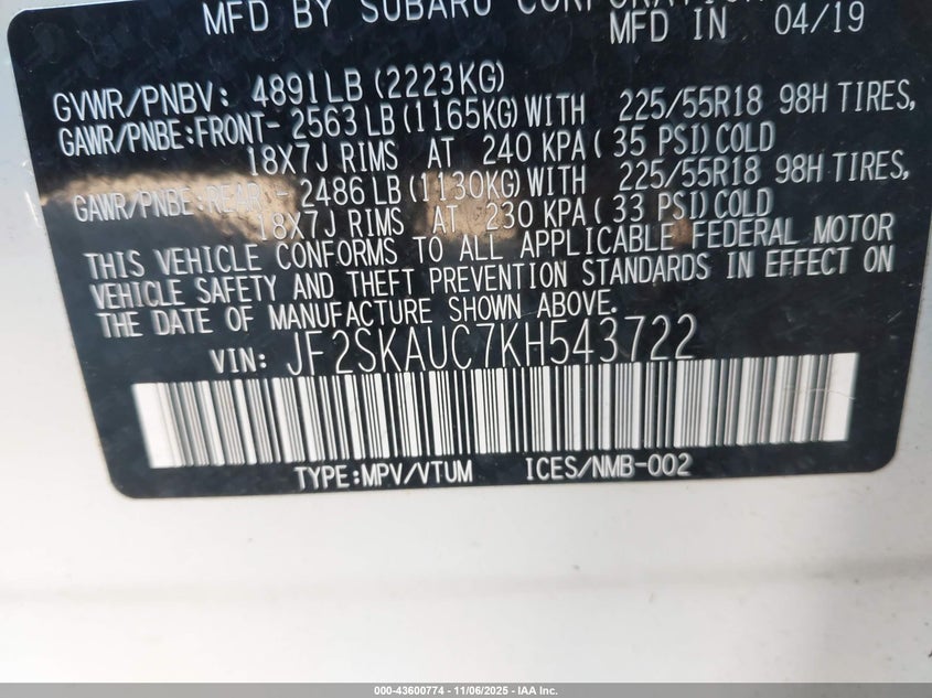 2019 SUBARU FORESTER LIMITED JF2SKAUC7KH543722