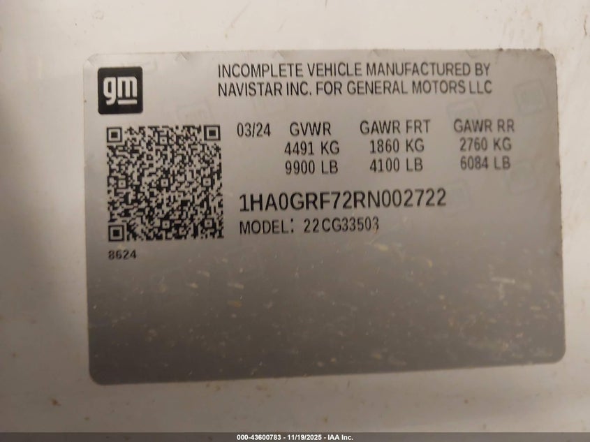 2024 Chevrolet Express Cutaway Work Van VIN: 1HA0GRF72RN002722 Lot: 43600783