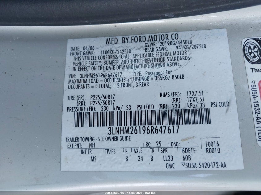 2006 Lincoln Zephyr VIN: 3LNHM26196R647617 Lot: 43600797