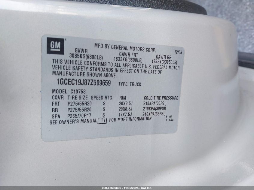 2007 Chevrolet Silverado 1500 Lt1 VIN: 1GCEC19J87Z509659 Lot: 43600806