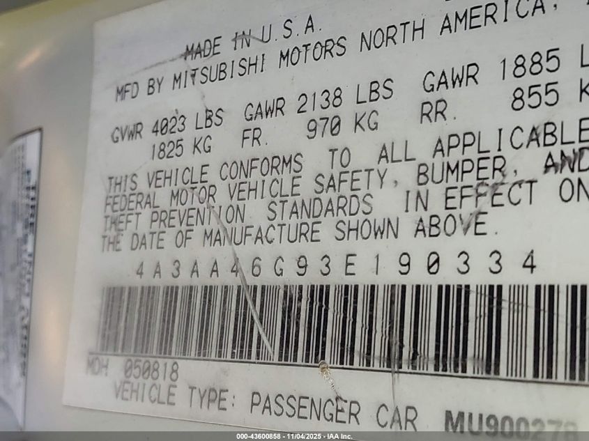 2003 Mitsubishi Galant Es/Ls VIN: 4A3AA46G93E190334 Lot: 43600858