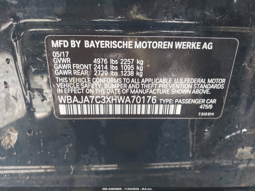 2017 BMW 530I XDRIVE - WBAJA7C3XHWA70176