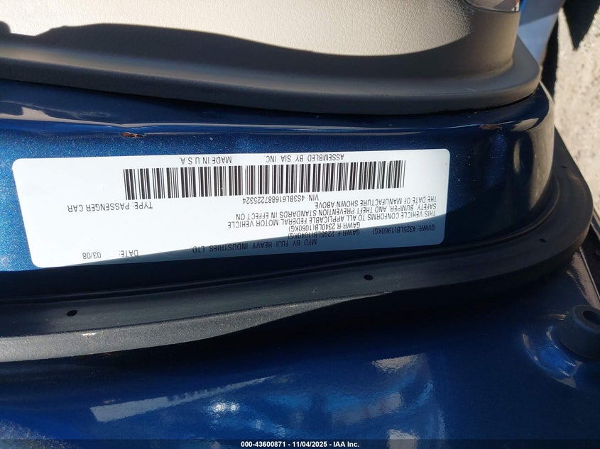 2008 Subaru Legacy 2.5I VIN: 4S3BL616887225324 Lot: 43600871