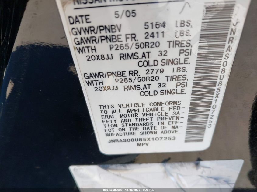 2005 Infiniti Fx35 VIN: JNRAS08U85X107253 Lot: 43600923