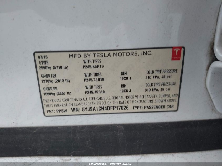 2013 Tesla Model S VIN: 5YJSA1CN4DFP17026 Lot: 43600926