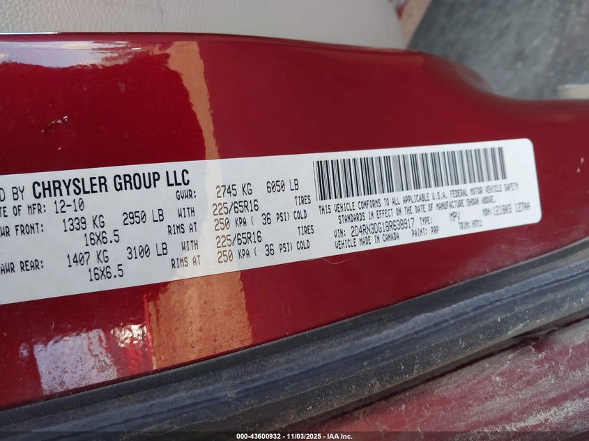 2011 Dodge Grand Caravan Mainstreet VIN: 2D4RN3DG1BR638917 Lot: 43600932