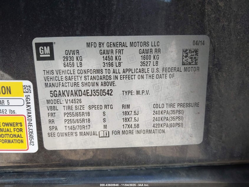 5GAKVAKD4EJ350542 2014 BUICK ENCLAVE photo no. 9