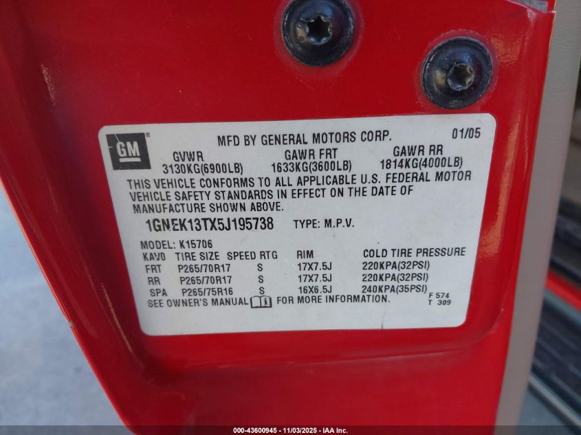 2005 Chevrolet Tahoe Lt VIN: 1GNEK13TX5J195738 Lot: 43600945