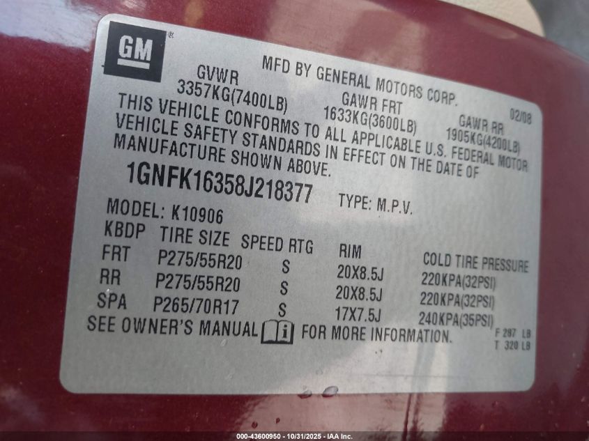 2008 Chevrolet Suburban 1500 Ltz VIN: 1GNFK16358J218377 Lot: 43600950
