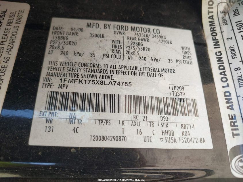 2008 Ford Expedition El Eddie Bauer/King Ranch VIN: 1FMFK175X8LA74785 Lot: 43600953